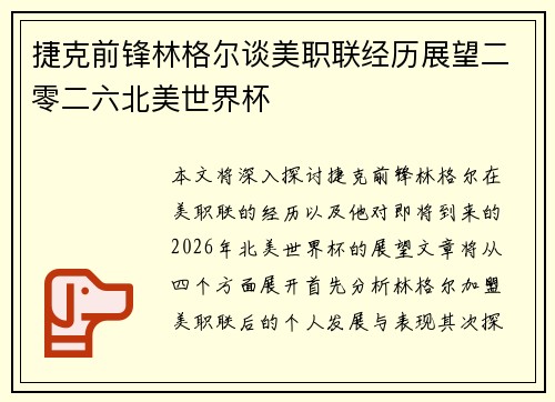 捷克前锋林格尔谈美职联经历展望二零二六北美世界杯